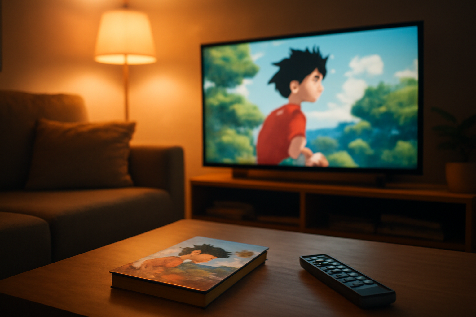 Suasana menonton anime di ruang tamu dengan manga di atas meja