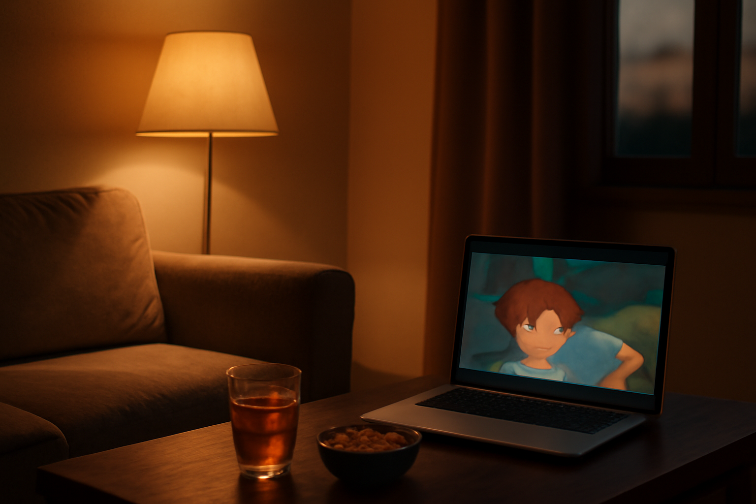 Suasana ruang keluarga dengan laptop dan camilan untuk maraton anime pendek dalam sehari