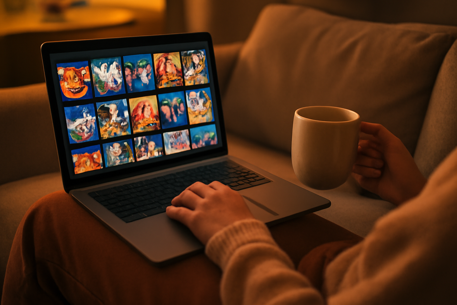 Seseorang duduk di sofa sambil memilih anime di laptop pada malam hari