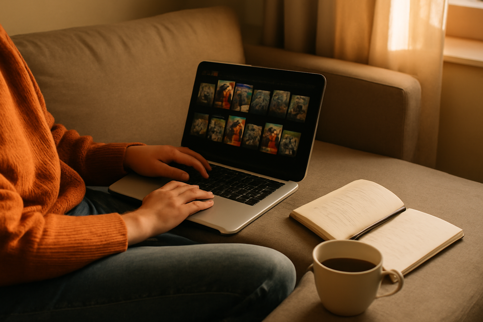 Seseorang mencatat pilihan genre anime di buku sambil membuka katalog streaming di laptop