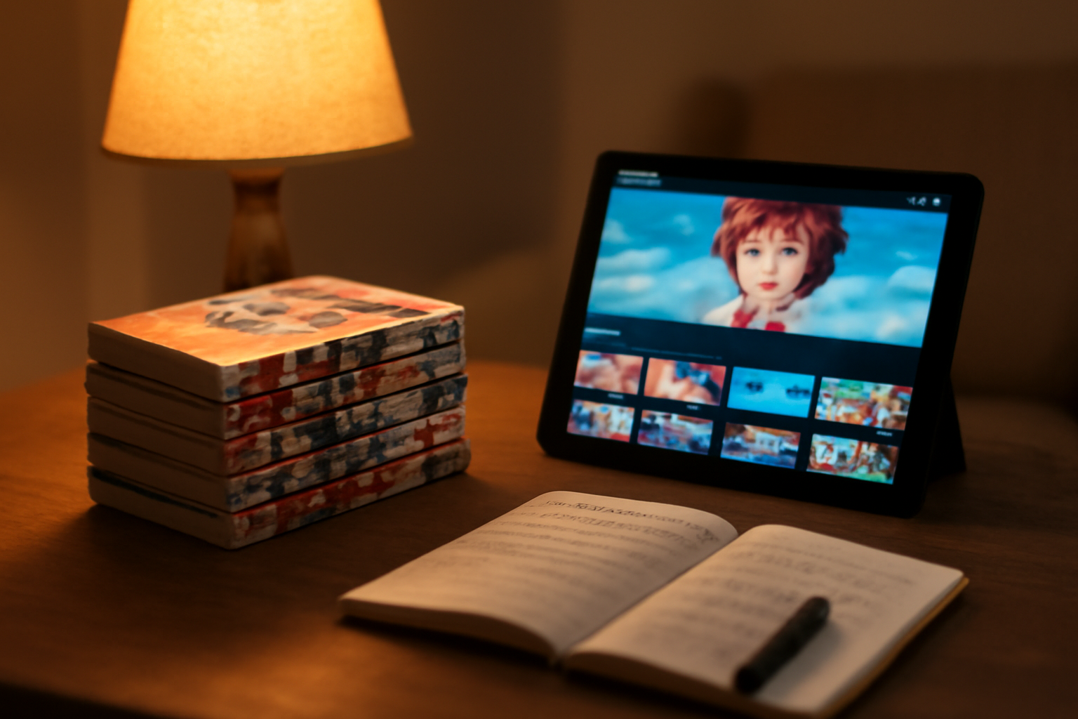 Sudut baca nyaman dengan tumpukan manga dan tablet untuk menonton anime