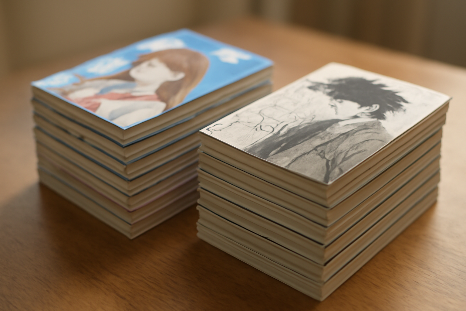 Dua tumpukan manga di atas meja kayu, satu adaptasi anime dan satu original