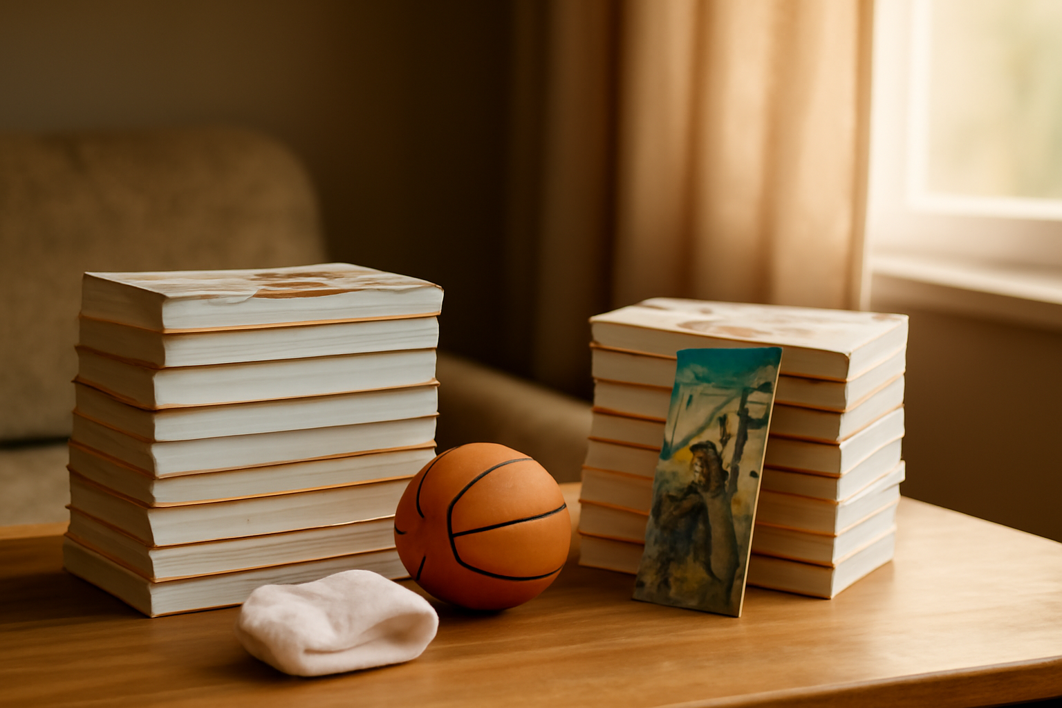 Tumpukan manga di meja kayu dengan bola basket kecil dan pembatas buku bergaya fantasi