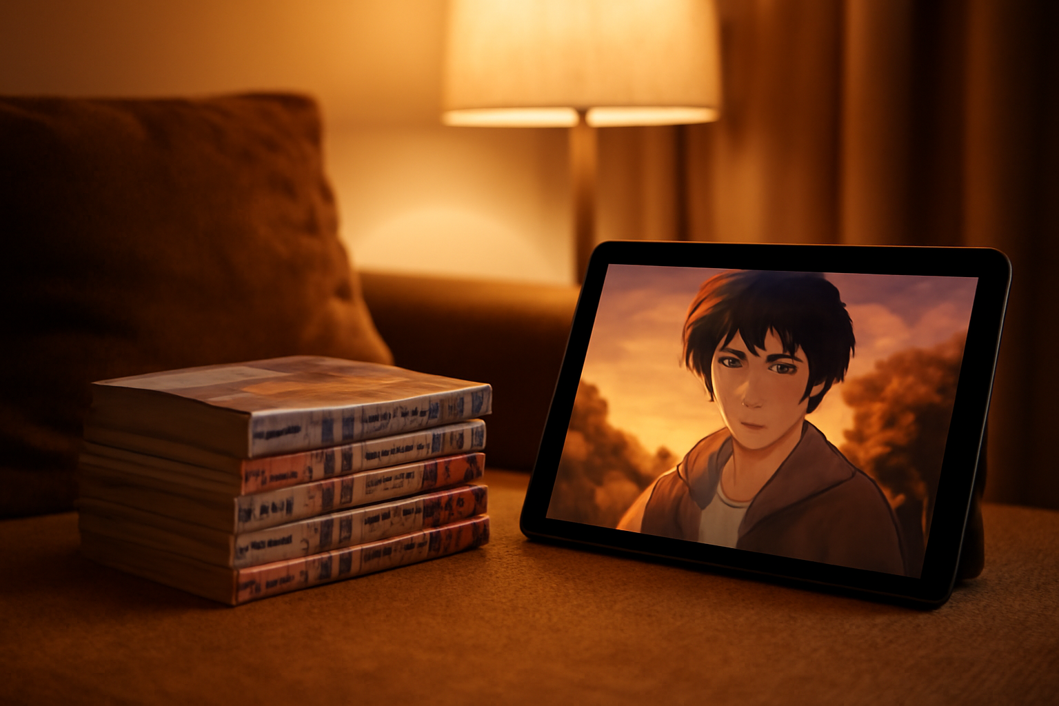 Tumpukan manga dan tablet menampilkan anime di meja kayu
