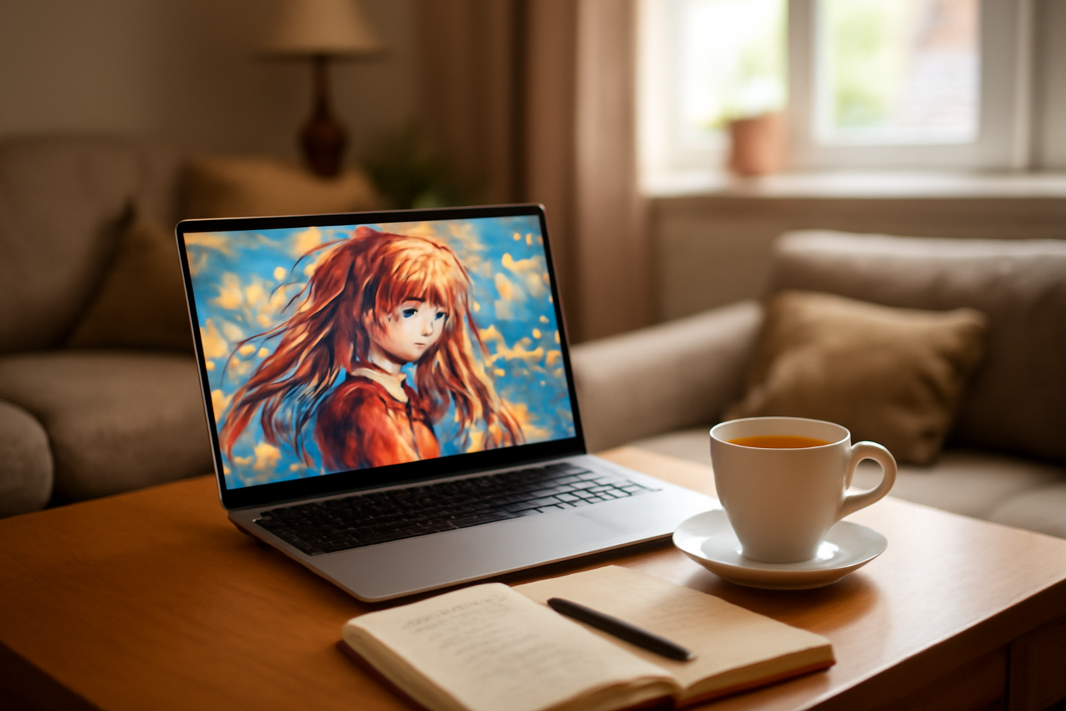 Suasana menonton anime di rumah dengan laptop dan catatan rekomendasi