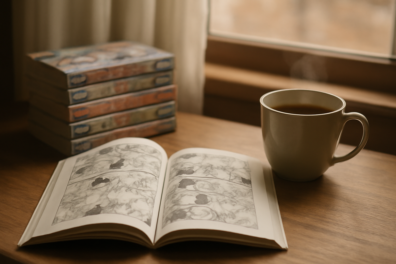 Tumpukan manga dan buku terbuka di sudut baca yang nyaman
